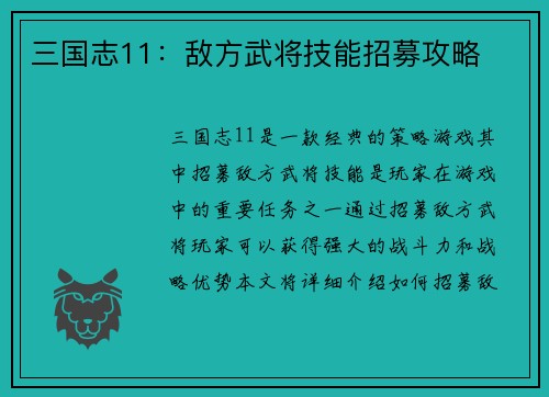 三国志11：敌方武将技能招募攻略