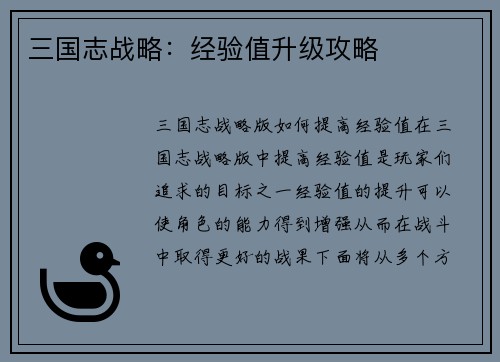 三国志战略：经验值升级攻略